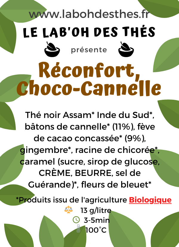 Étiquette Thé Noir Réconfort Choco-Cannelle bio - composition assam chocolat cannelle caramel